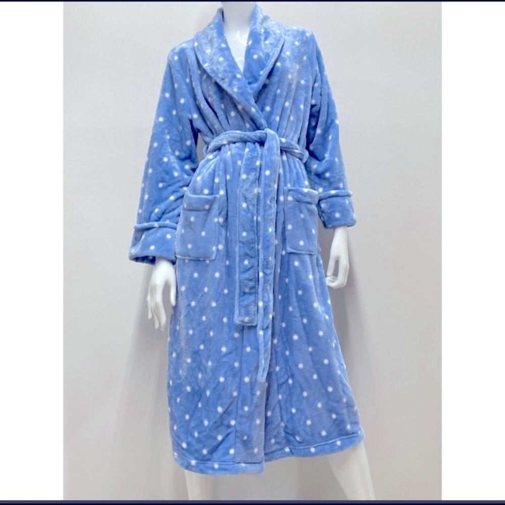 SONOMA ice blue / white polka dot minky plush wrap robe size S, new without tags